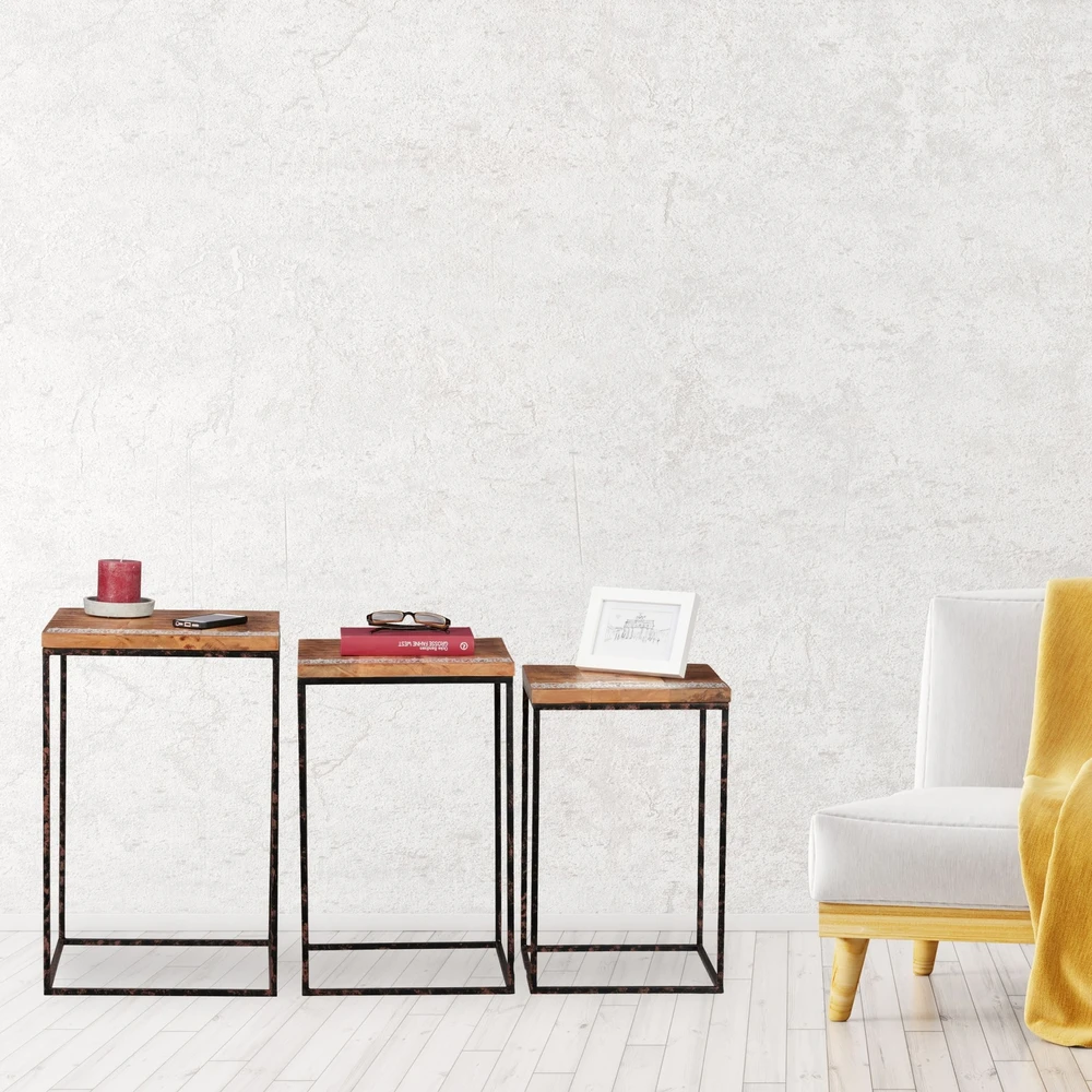 Relaxdays 3 dalių įstatomų staliukų komplektas iš mango medienos