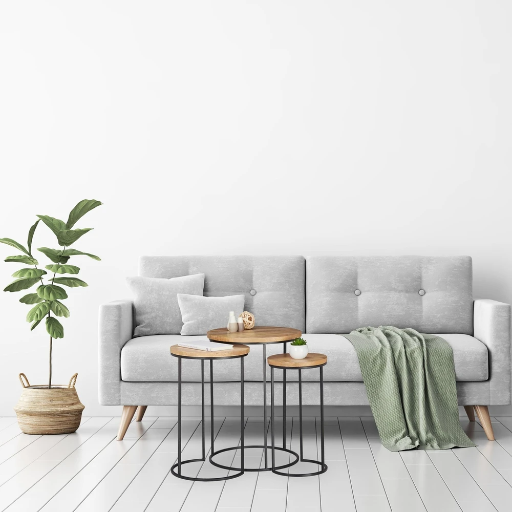 Relaxdays 3 dalių mango medienos įstatomų staliukų komplektas