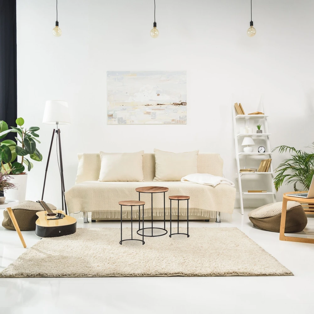 Relaxdays 3 dalių mango medienos įstatomų staliukų komplektas