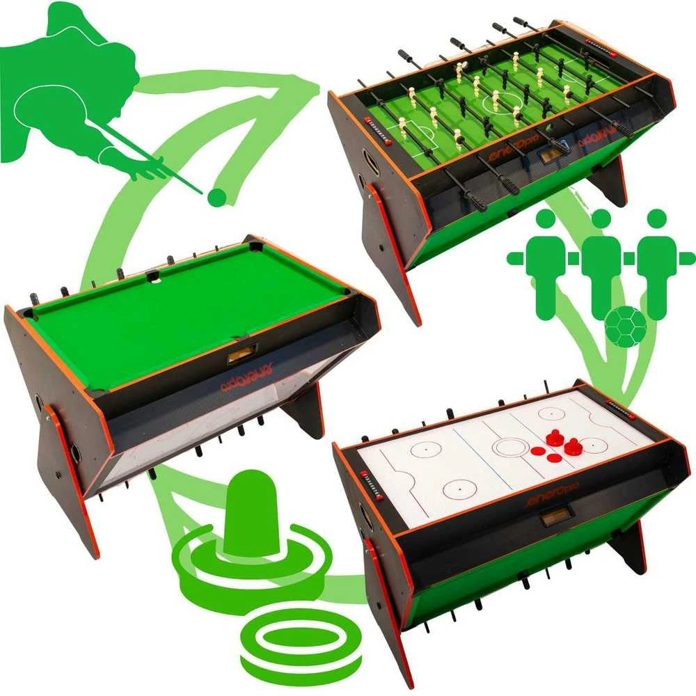Enero Pro 3-in-1 žaidimų stalas: biliardas, futbolas, oro ritulys