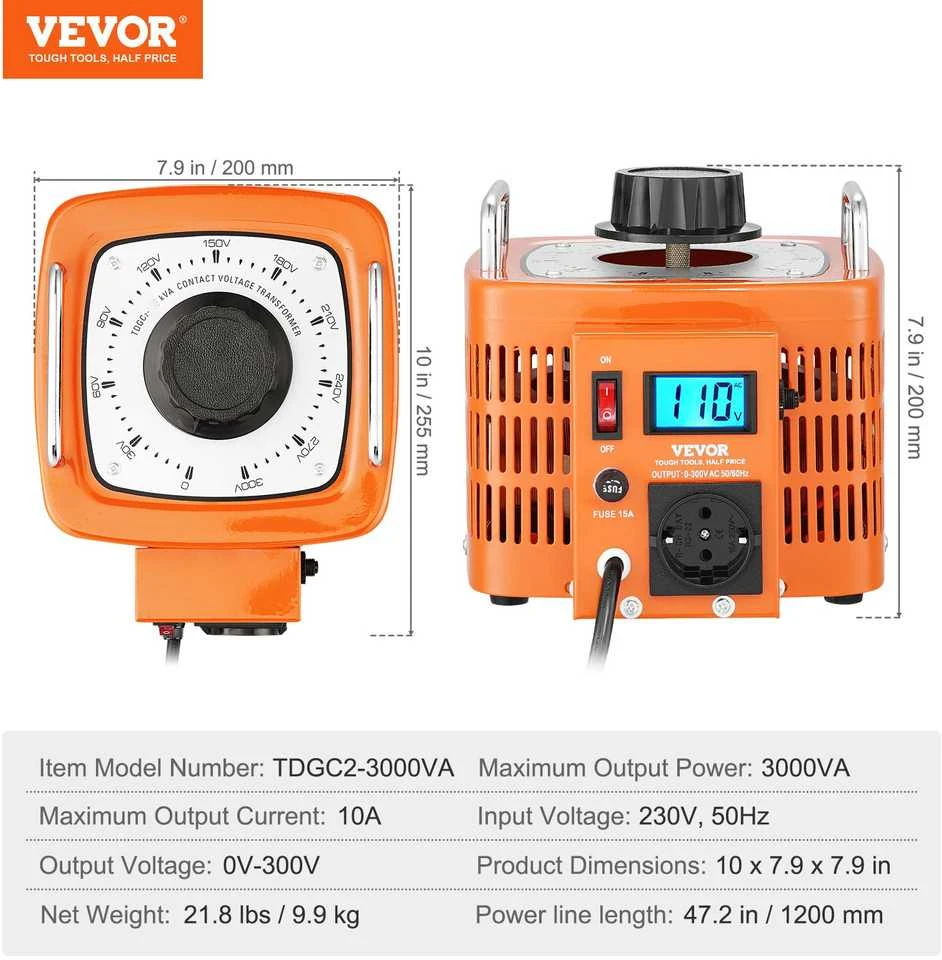VEVOR 3000VA kintamos įtampos transformatorius su LCD