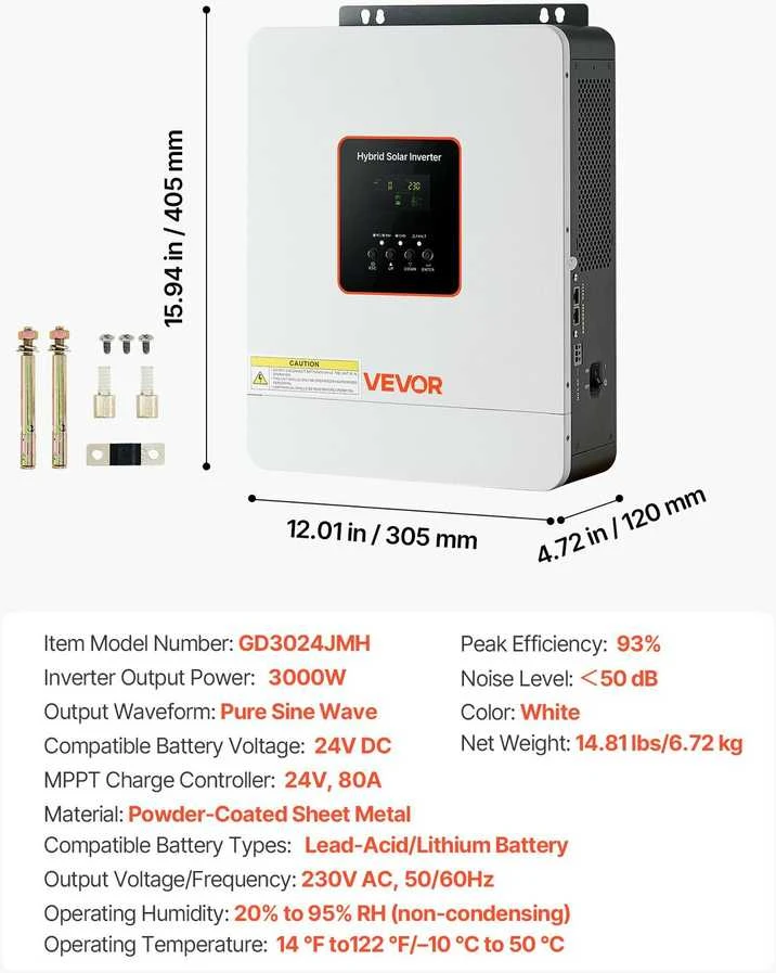 VEVOR 3000W hibridinis saulės inverteris, 24V DC į 230V AC