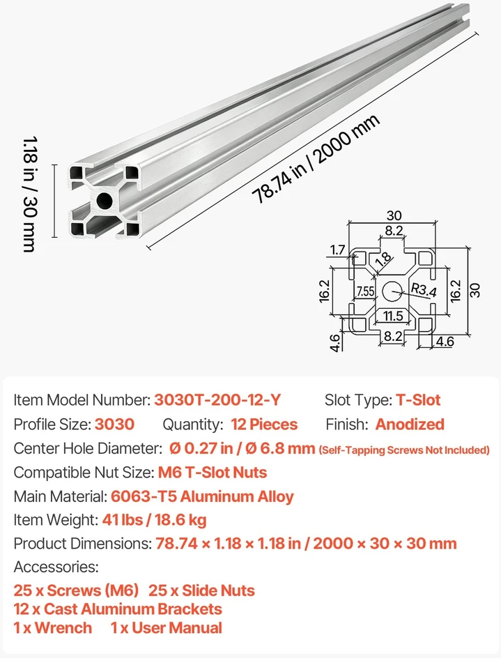 VEVOR 3030 aliuminio profilis 2000 mm, 12 vnt.