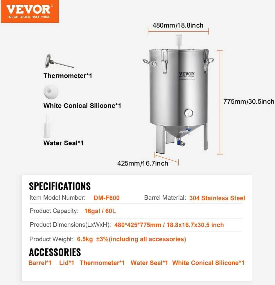 VEVOR 304 nerūdijančio plieno alaus fermentatorius 60 L