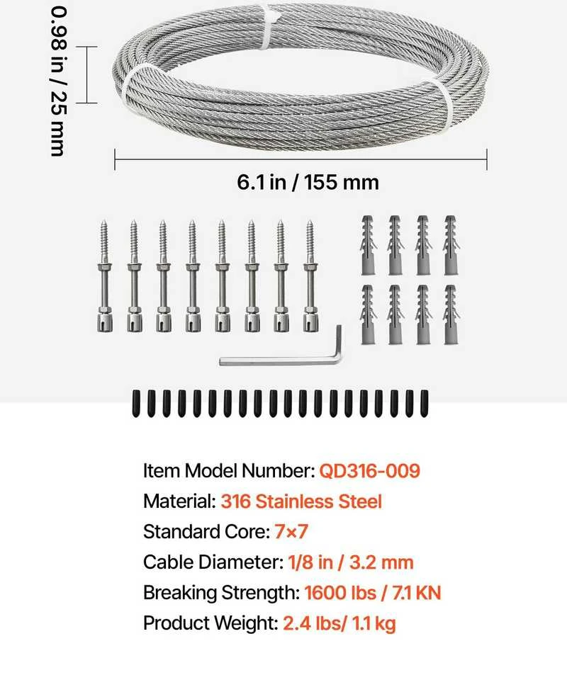 VEVOR 3.2 mm nerūdijančio plieno trosas