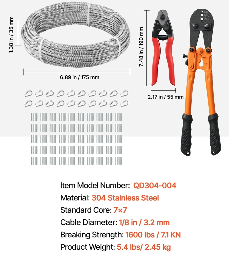 VEVOR 3,18 mm nerūdijančio plieno trosas 30,5 m (7x7)