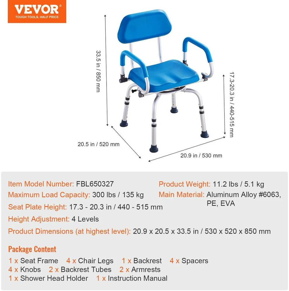 VEVOR 360° pasukama dušo kėdė su pasukamomis rankenomis