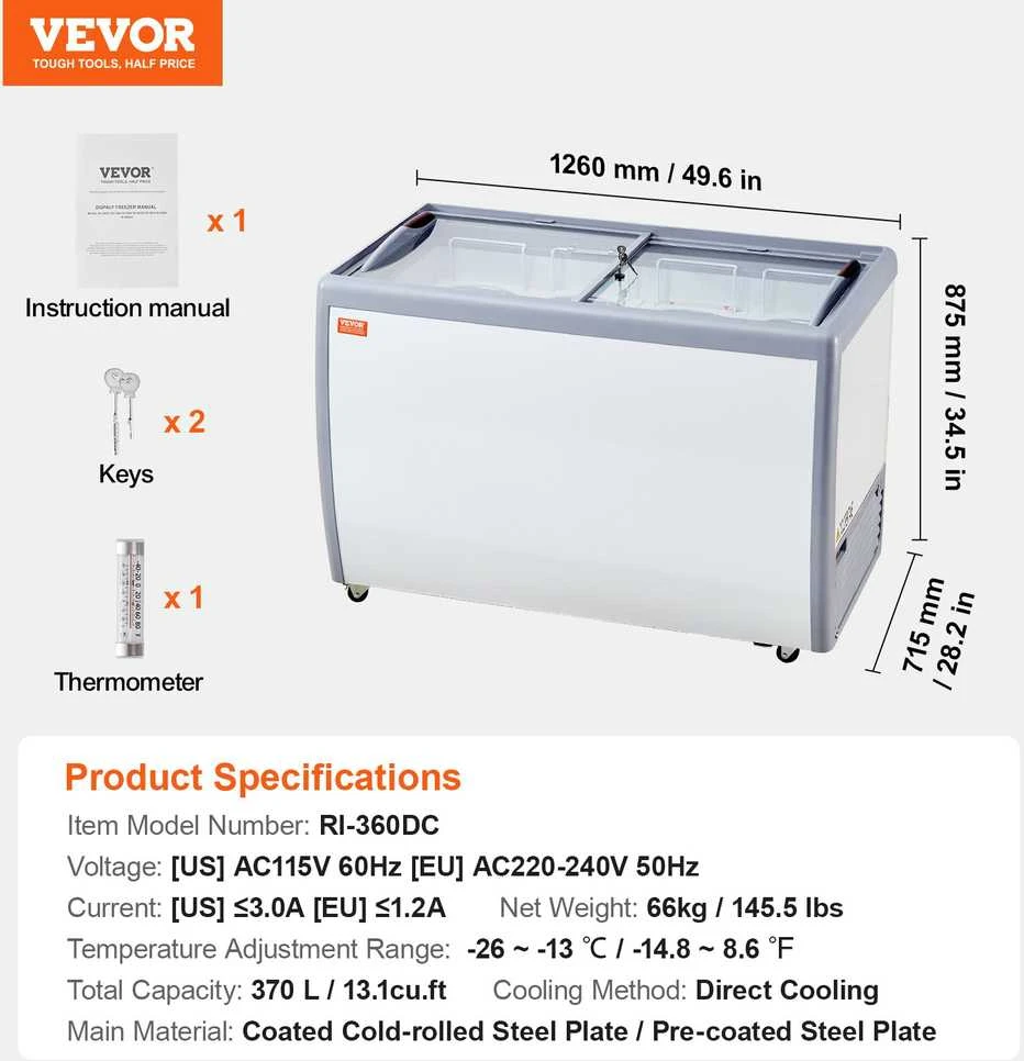 VEVOR 370 L ledų vitrina ir šaldiklis