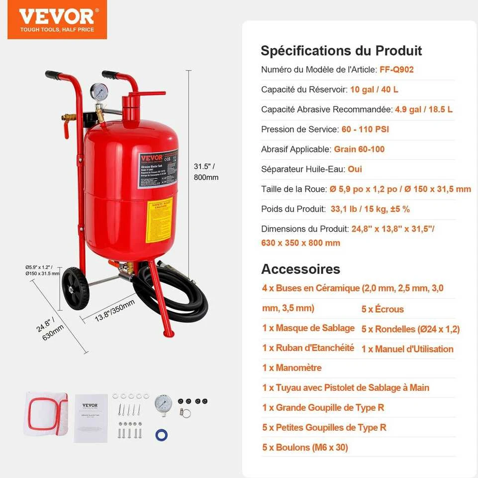 VEVOR 38 litrų smėliuoklis su vožtuvu ir manometru