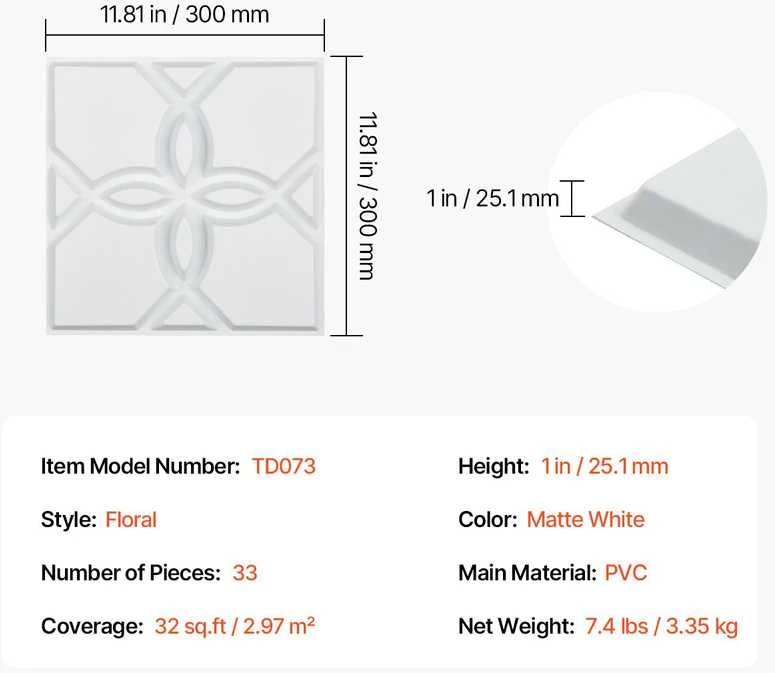 VEVOR 3D sienų plokštės 33 vnt. 32 m² gėlių baltos
