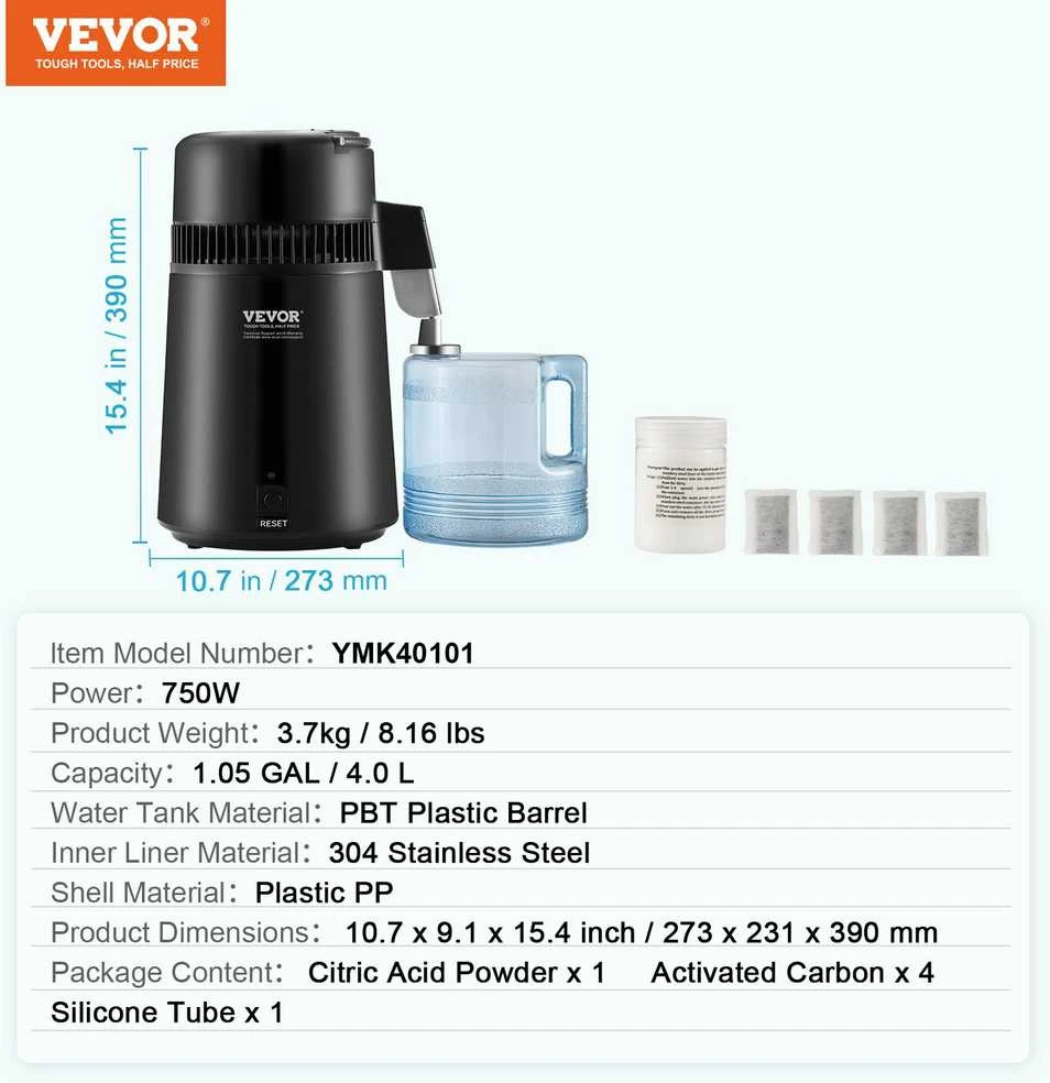 VEVOR Vandens distiliatorius VVR VD4 1L/H Juodas