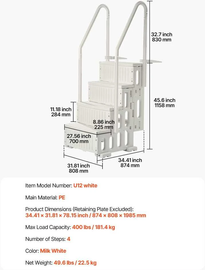 VEVOR 4 pakopų balti baseino laipteliai 48-54 cm baseinams