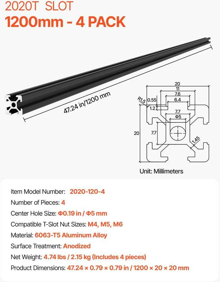 VEVOR 4 vnt 1200 mm T formos aliuminio bėgis