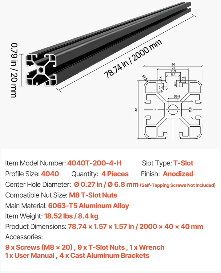 VEVOR 4 vnt. 4040 aliuminio T profilių, 2000 mm