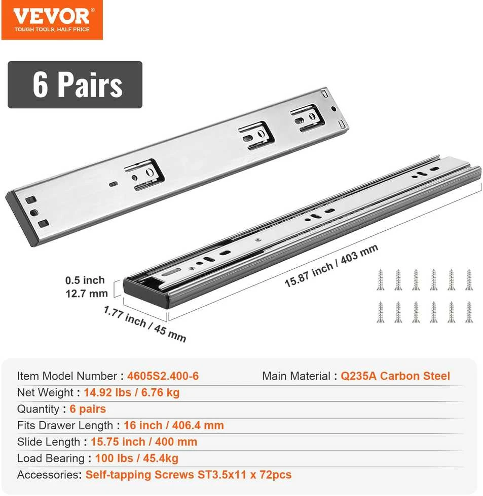 VEVOR 406.4 mm švelniai užsidarantys stalčiaus bėgeliai, 6 poros
