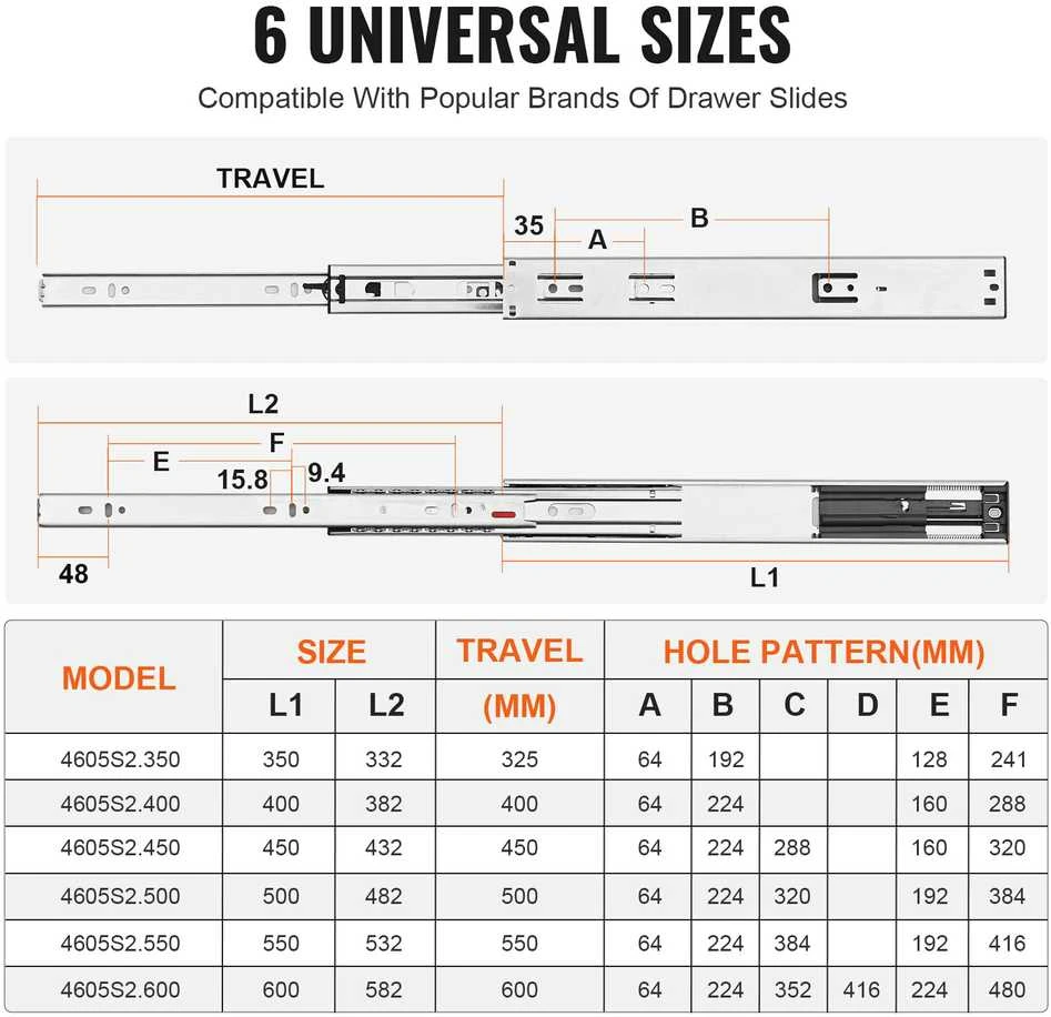 VEVOR 406.4 mm švelniai užsidarantys stalčiaus bėgeliai, 6 poros
