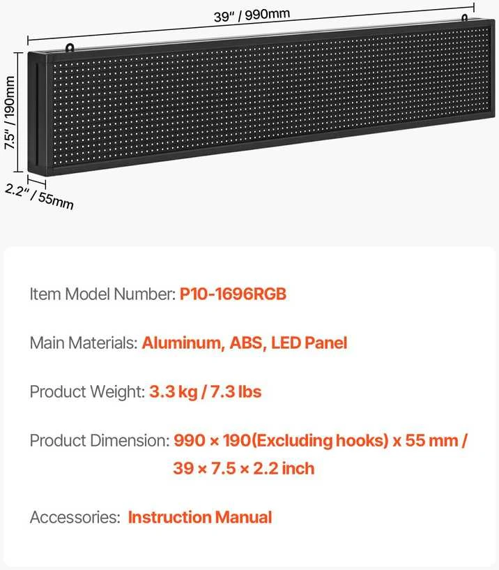 VEVOR 40x8 cm programuojamas LED ekranas