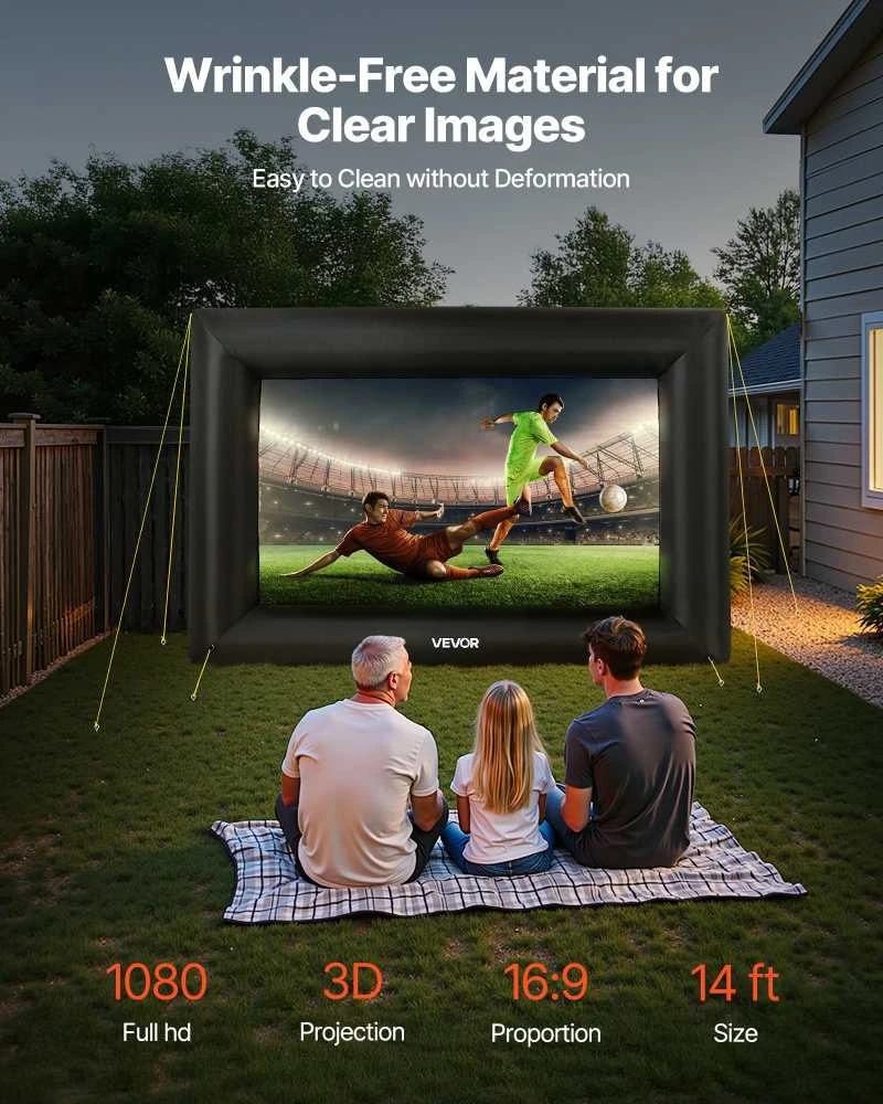 Vevor 4,3 m pripučiamas kino ekranas 16:9 su dėklu
