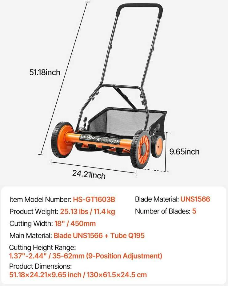 VEVOR 45 cm rankinė vejapjovė su žolės rinktuvu