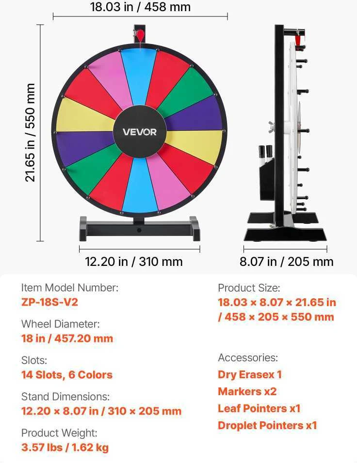 VEVOR 457 mm besisukantis prizų ratas su stovu