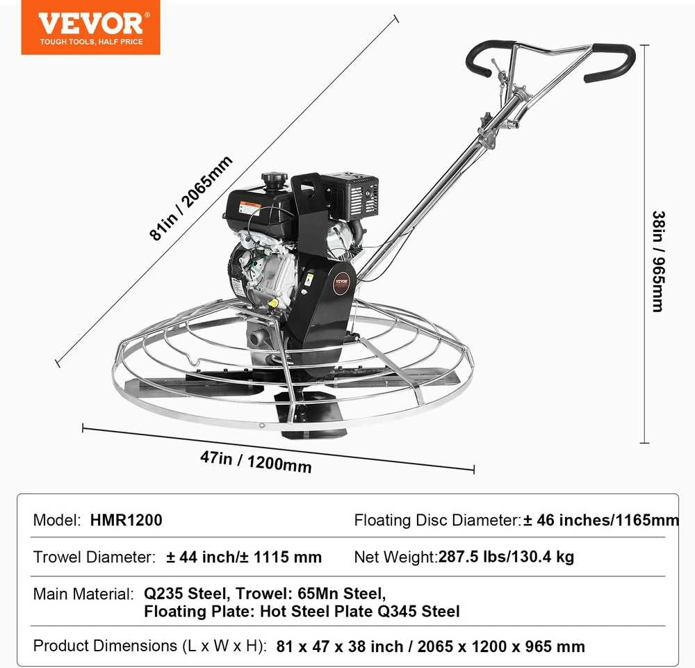 VEVOR 46 cm benzininė glaistyklė su plūduriuojančiu disku