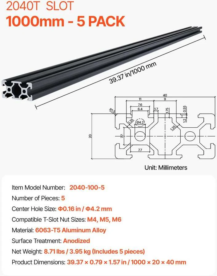Vevor 5 vnt. 1000 mm T Slot 2040 anodizuotas aliuminis profilis