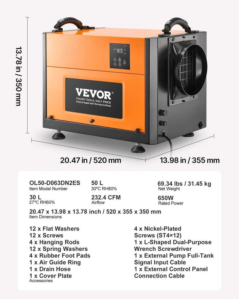 VEVOR 50 Litrų Komercinis Oro Sausintuvas, Didelio Našumo Rūsiui, Po Grindimis, Sandėliavimo Patalpoms, Pramoninis su Žarna, Automatinis Atitirpinimas