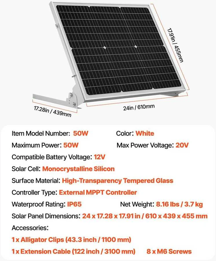 VEVOR 50W 12V saulės baterijos įkroviklis