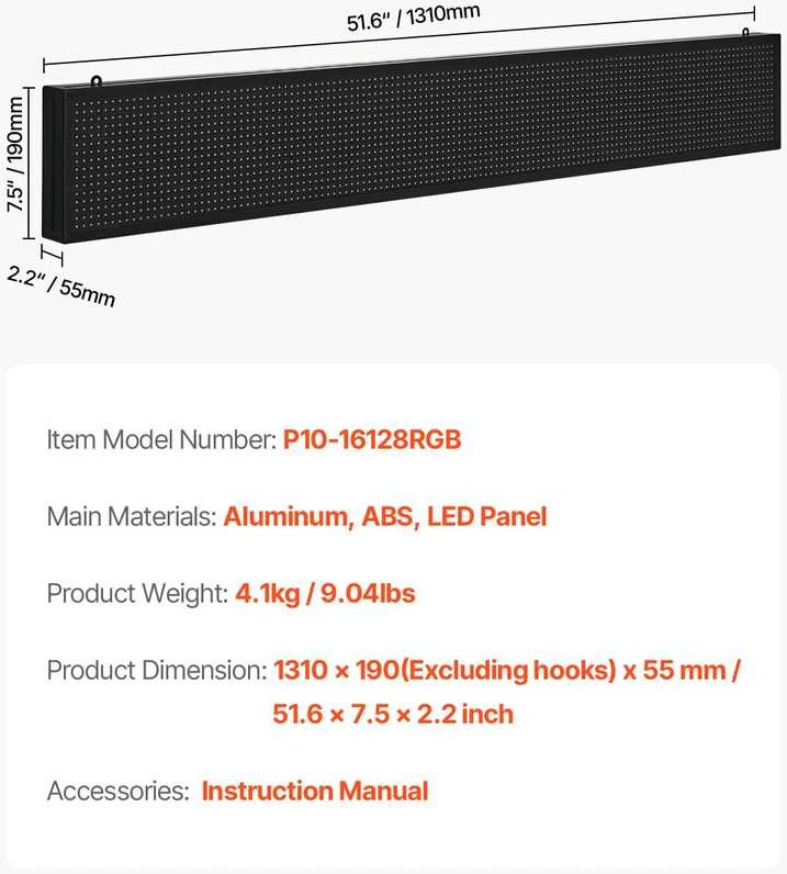 VEVOR 52 cm x 8 cm programuojama LED reklaminė lenta