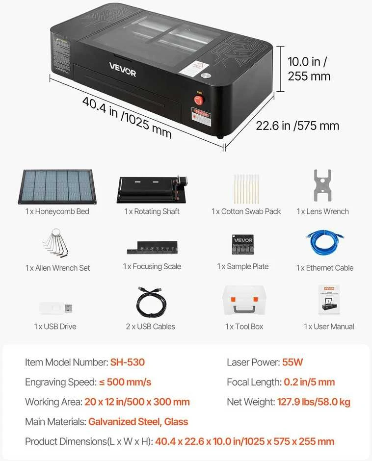 VEVOR 55W CO2 graviravimo lazeris su kamera