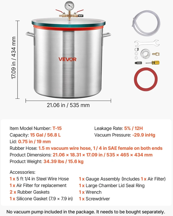 VEVOR 56,8 L vakuumo kamera dervai ir silikonui