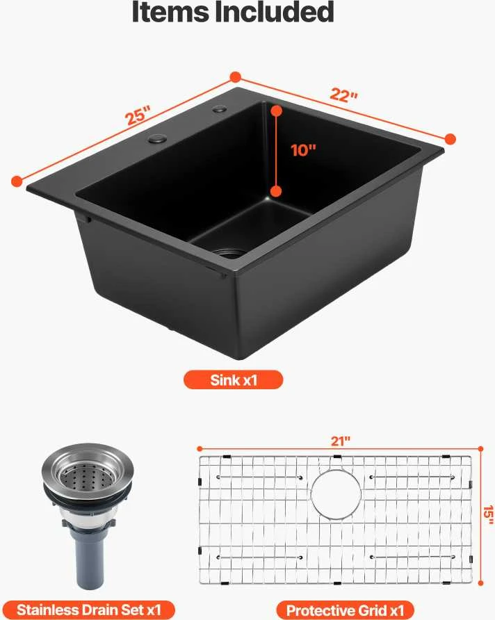 VEVOR 63 cm granito virtuvinė kriauklė vieno dubens