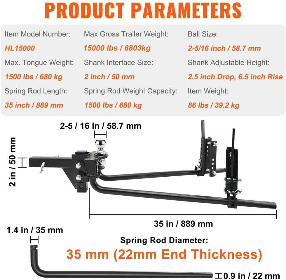 VEVOR 680 kg svorio paskirstymo kablys su 58.7 mm kamuoliu