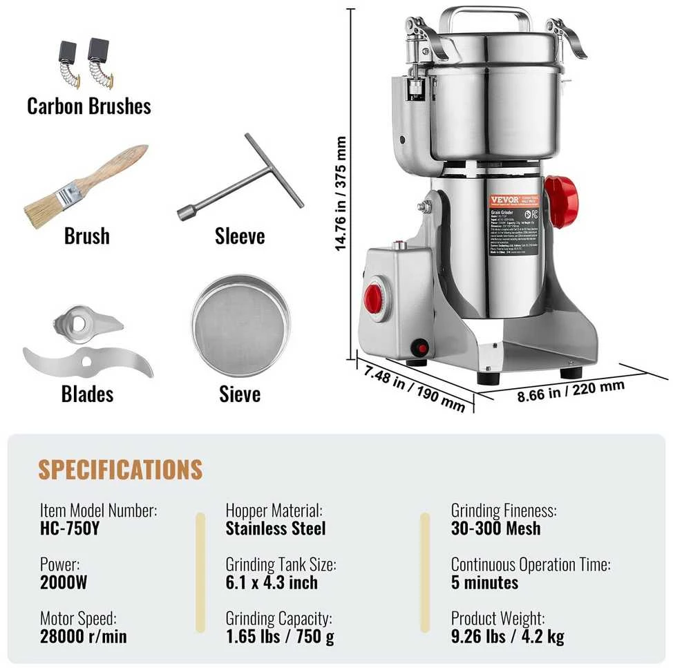 VEVOR 750g elektrinis pramoninis prieskonių malūnėlis