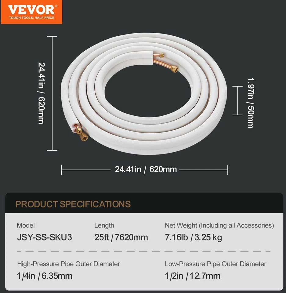 VEVOR 7620 mm mini split vamzdynų komplektas, varis ir izoliacija