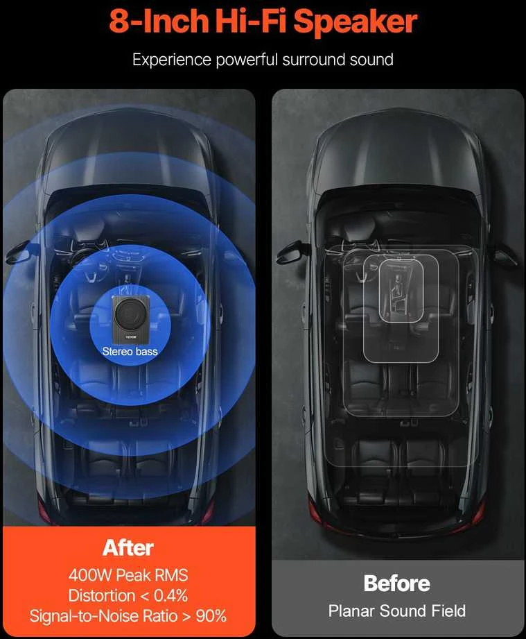 Vevor 8 colių 400W po sėdyne automobilio žemų dažnių garsiakalbis