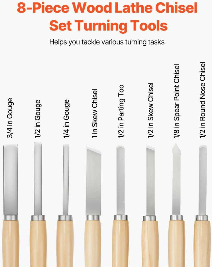 VEVOR 8 vnt. medžio tekinimo kaltų rinkinys su plieniniais ašmenimis