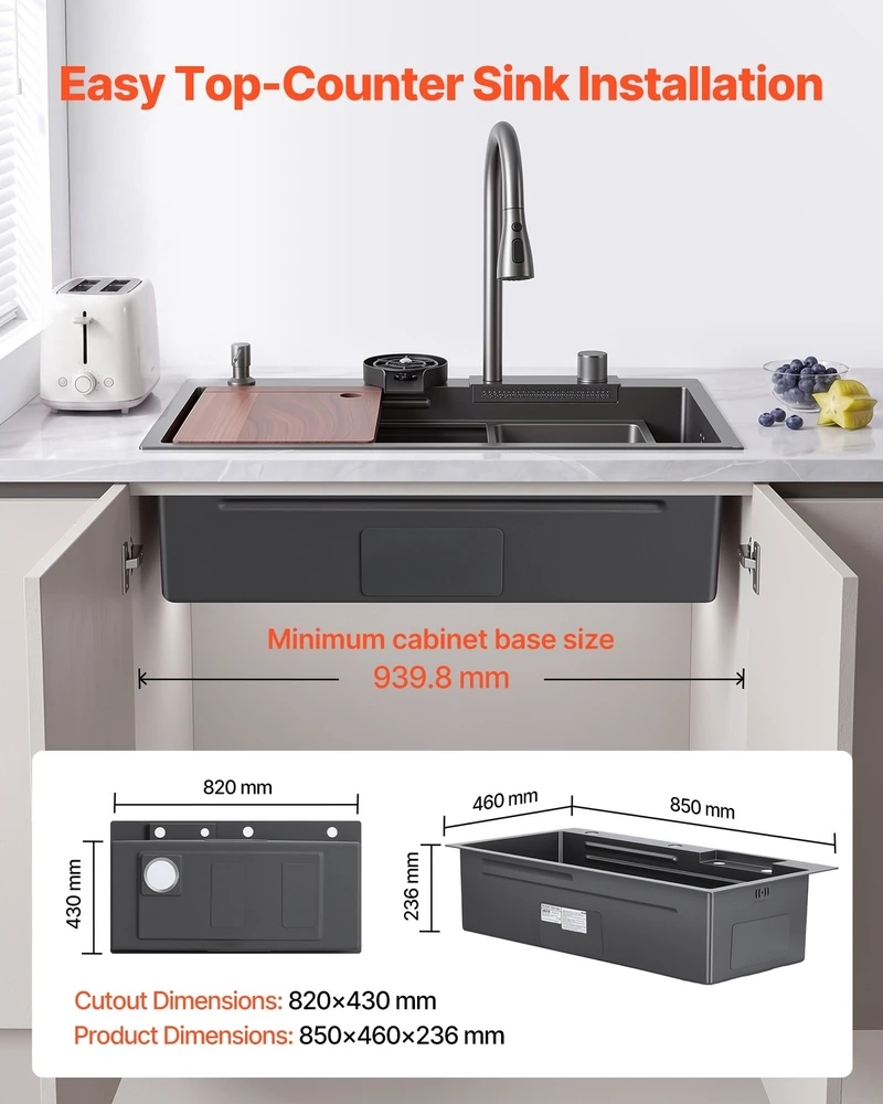 VEVOR 85 cm virtuvinė įleidžiama plautuvė su vienu dubeniu