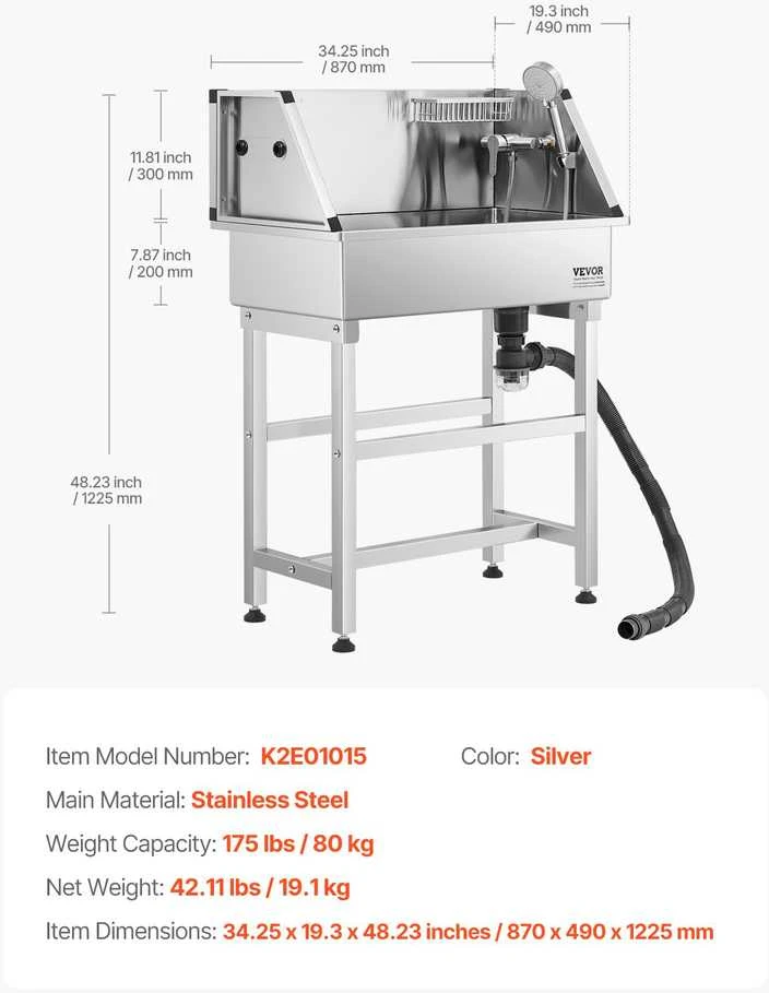 VEVOR 86.4 cm plieninė šunų maudymo vonia su čiaupu