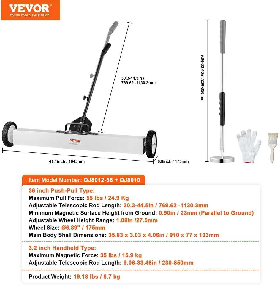 VEVOR 91 cm magnetinis šlaviklis su ratukais