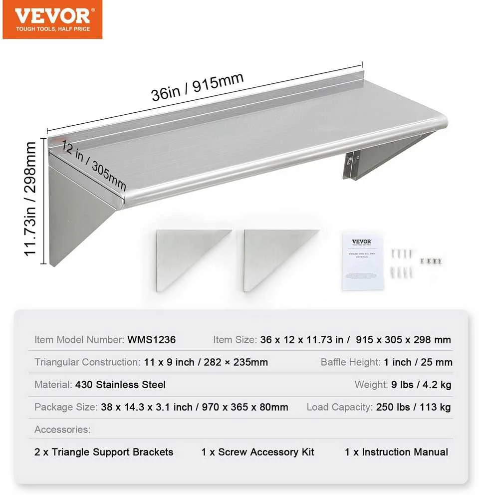 VEVOR 91 cm x 30 cm nerūdijančio plieno lentyna