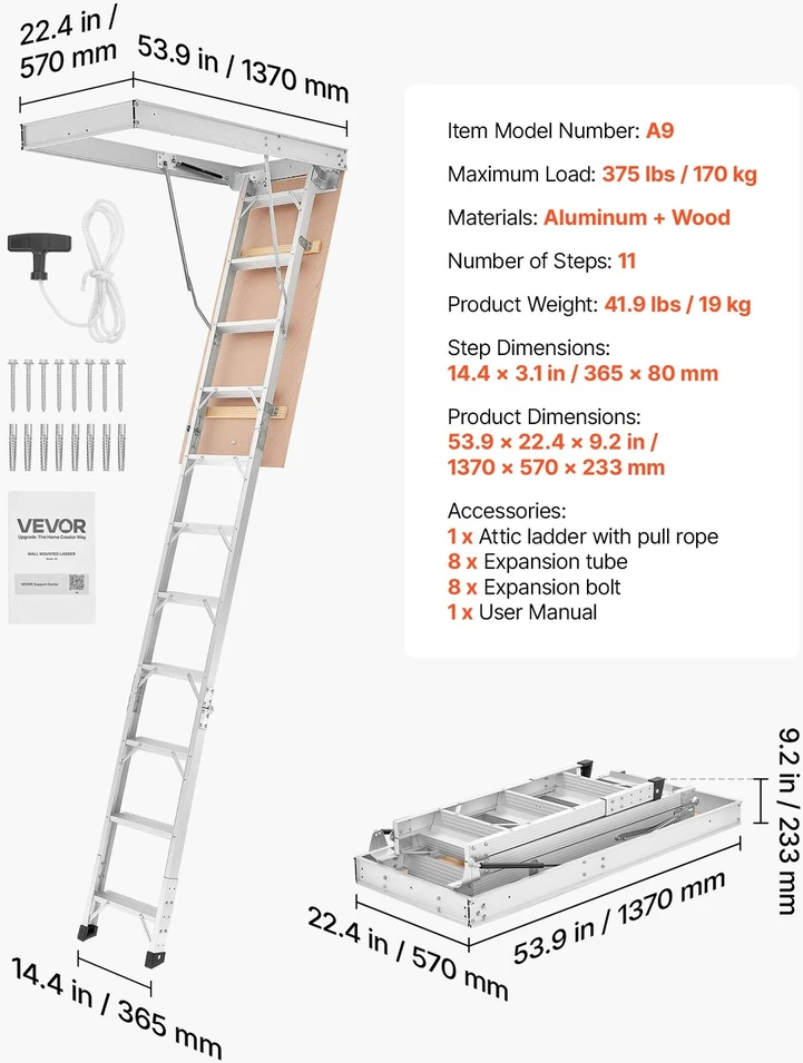 VEVOR Palėpės kopėčios aliuminio 170 kg 3 - 3.13 m