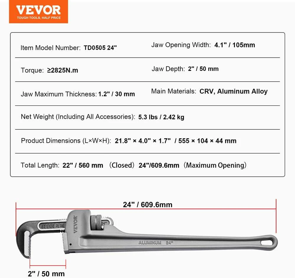 VEVOR Aliumininis tiesus vamzdžio raktas 60 cm