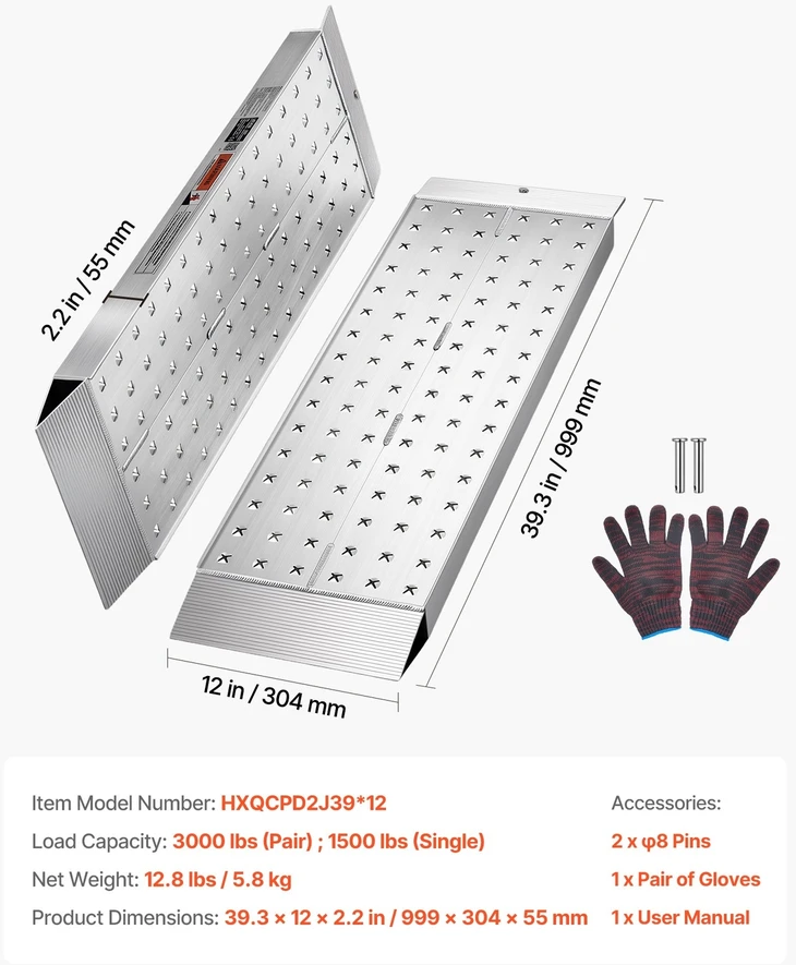VEVOR Aliuminio priekabos rampos, 2 vnt., 999 x 304mm