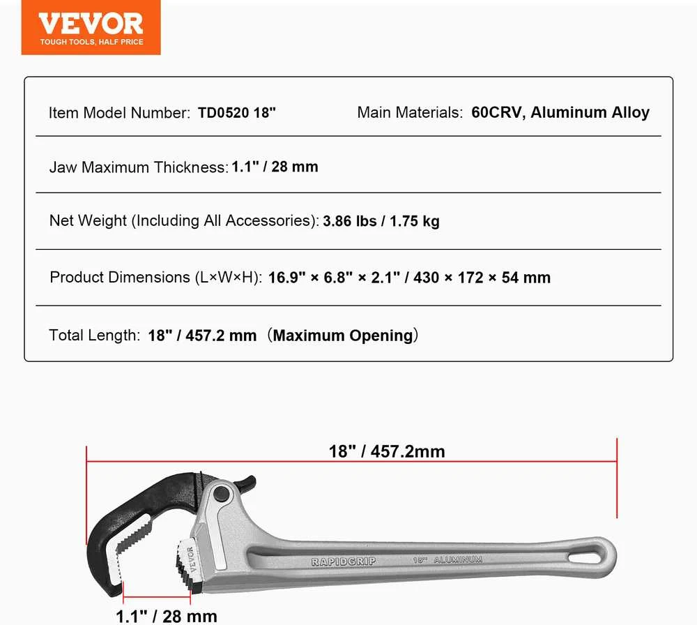 VEVOR Aliuminis vamzdžių raktas su automatiniais žandikauliais 457 mm