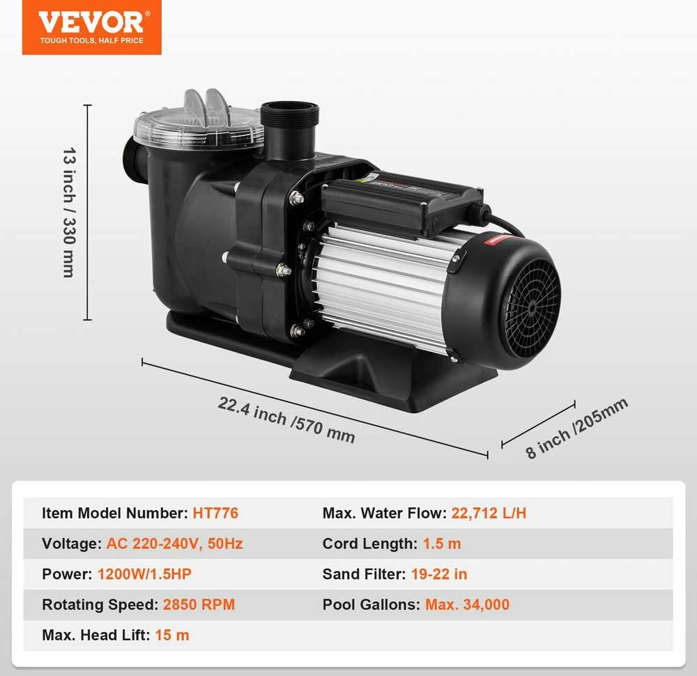 VEVOR Antžeminis baseino siurblys 1,5 AG 100 GPM