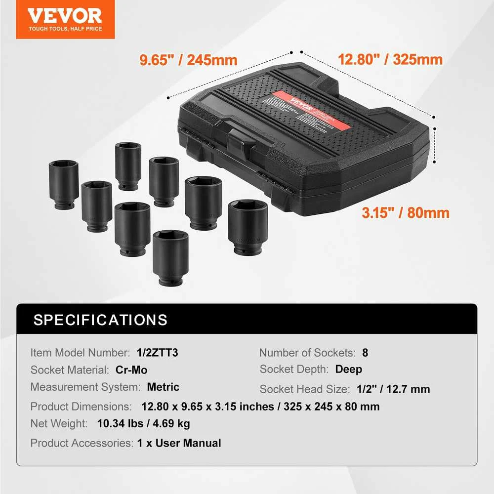 VEVOR Ašies stebulės galvučių rinkinys 1/2" 8 vnt