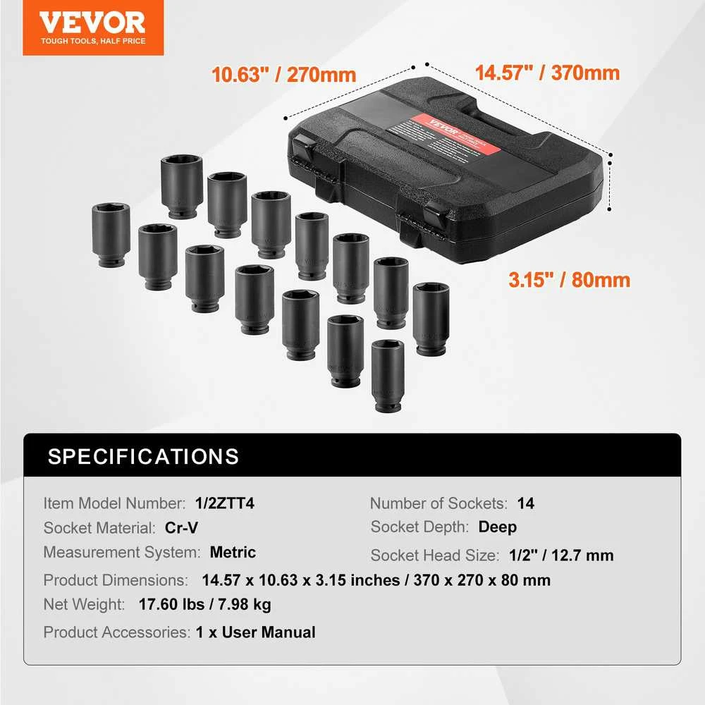 VEVOR Ašinių veržlių smūginių galvučių rinkinys 1/2" 14 vnt.