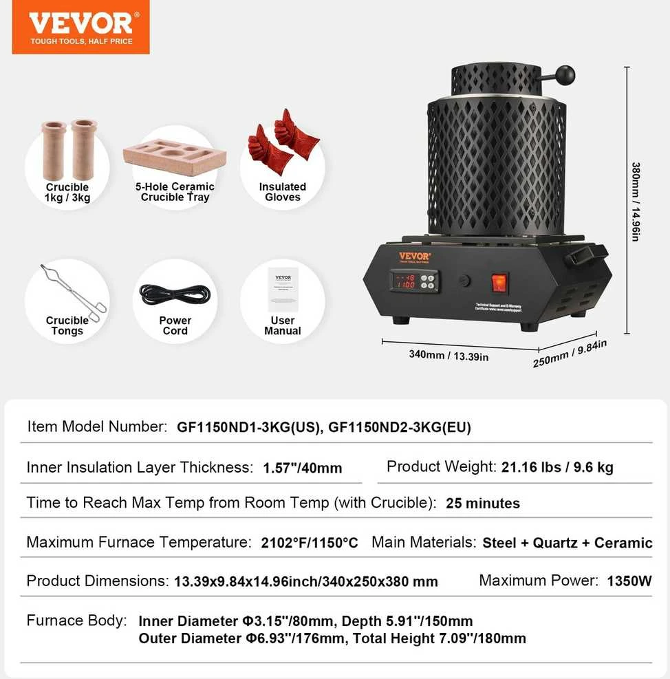 VEVOR Auksinė lydymo krosnis 1350W 1150°C