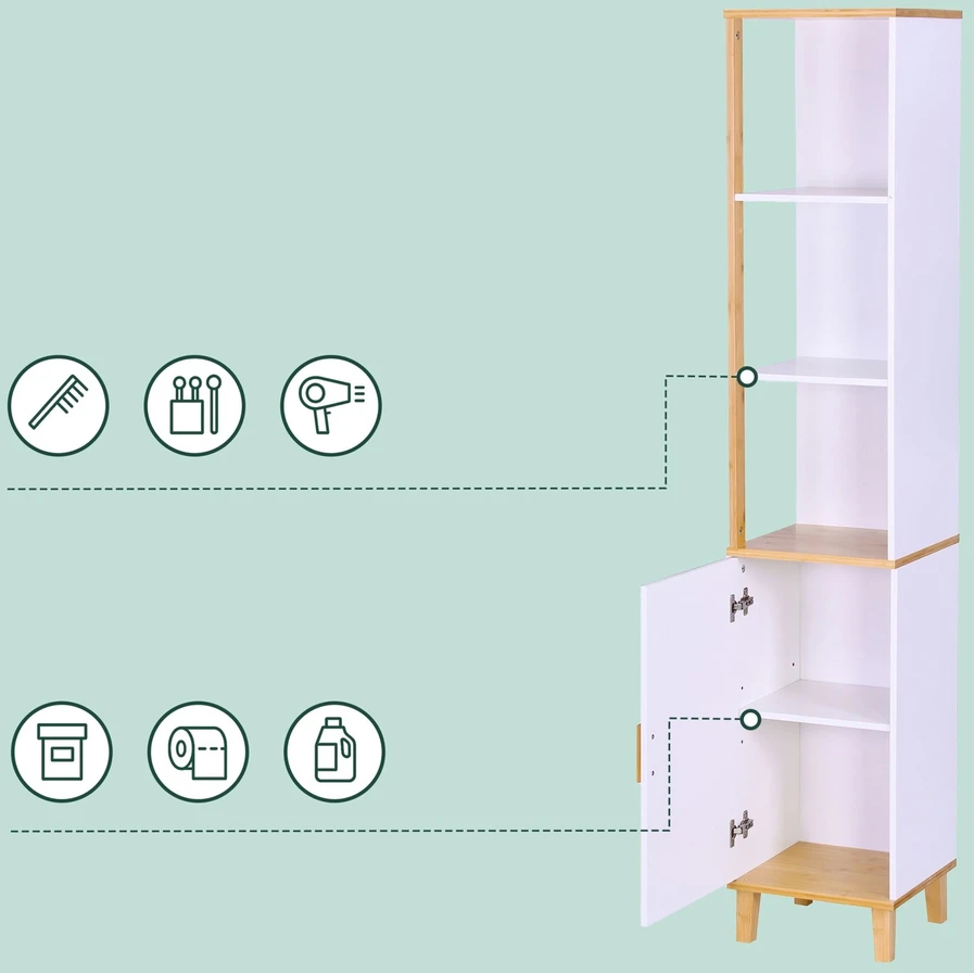Relaxdays Aukšta vonios spintelė, durelės ir 3 lentynos